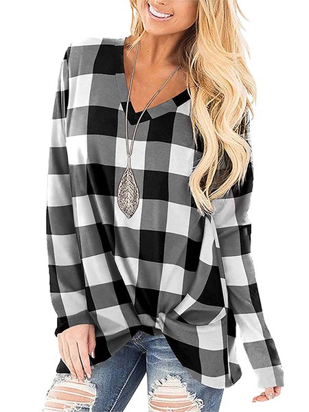 

Grid Casual Knot Front Long Sleeves Tops, Black-white, Tops