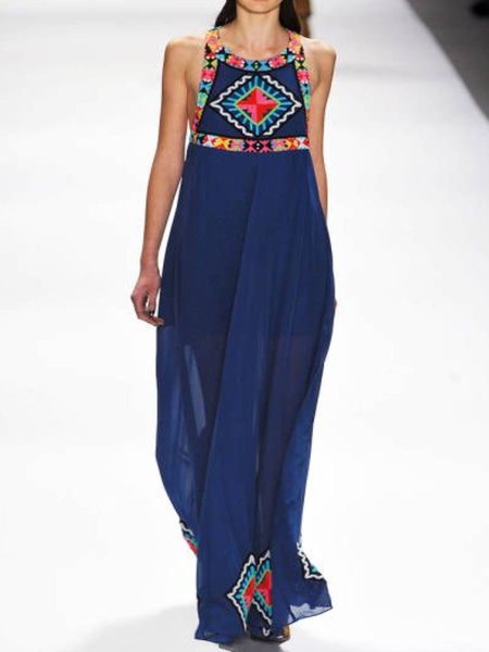 

Casual Tribal Crew Neck Dresses, Dark blue, Maxi Dresses