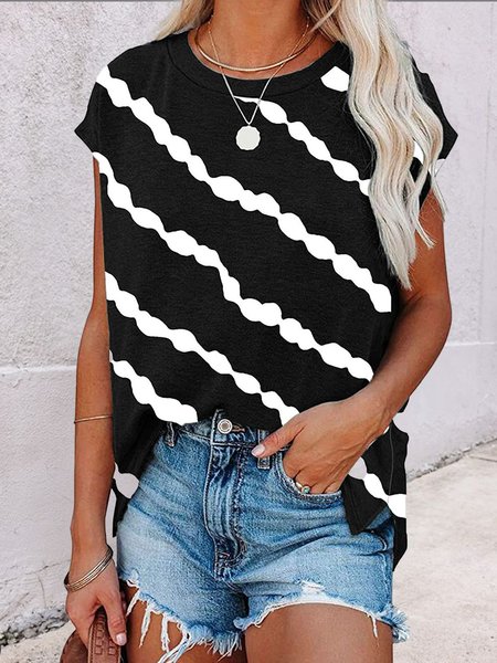 

Crew Neck Loosen Striped Shirts & Tops, Black, T-Shirts