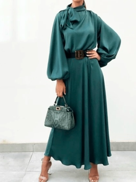 

Spring Knot Front Satin Elegant Long sleeve Formal Date Daily Dresses, Darkgreen, Midi Skirts