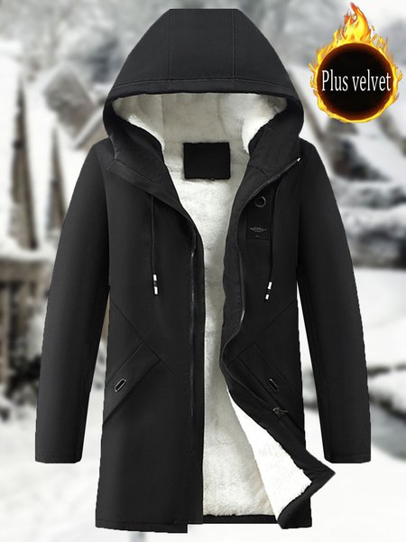 

Men's Solid Color Plus Velvet Mid-length Hooded Coat, Black, Outerwear