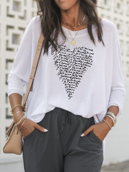 

Love Letter Print Crew Neck Simple Loosen T Shirt, White, T-Shirts