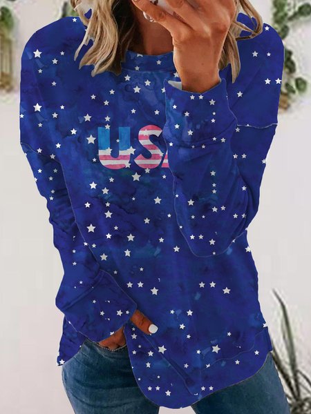 

Star printed round neck long sleeve sweatshirt, Blue, Hoodies&Sweatshirts
