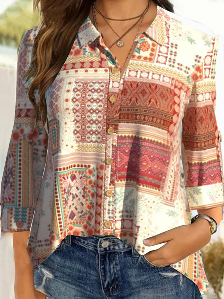 

Long sleeve shirt collar geometric retro print button loose shirt Plus Size, Multicolor, Shirts & Blouses