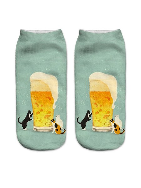 

Casual Cat Beer Print Cotton Socks, Color4, Socks