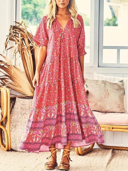 

Boho Floral V neck Loosen Half Sleeve Maxi Dresses, As picture, Maxi Dresses