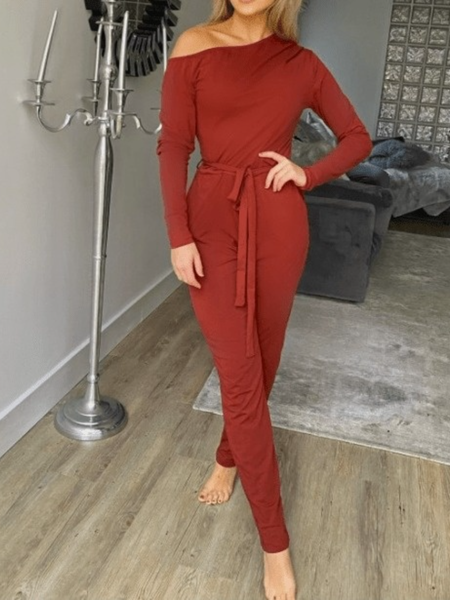 

Spring Regular Fit Plain Simple High Stretch Asymmetrical Neck One-Pieces, Datered, Jumpsuits