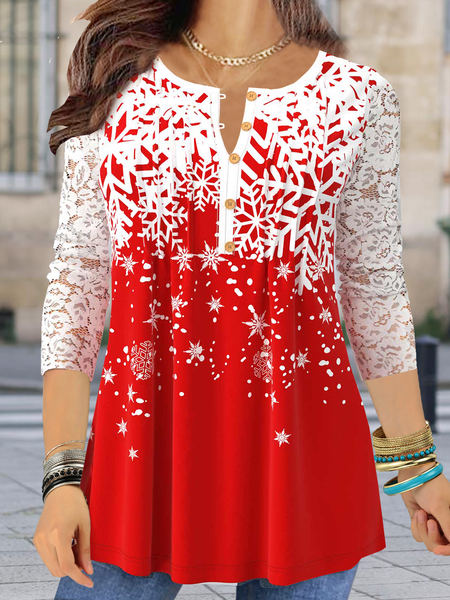 

Long sleeve V-neck geometric snowflake gradient stitched lace loose top Plus Size, Red, Tops