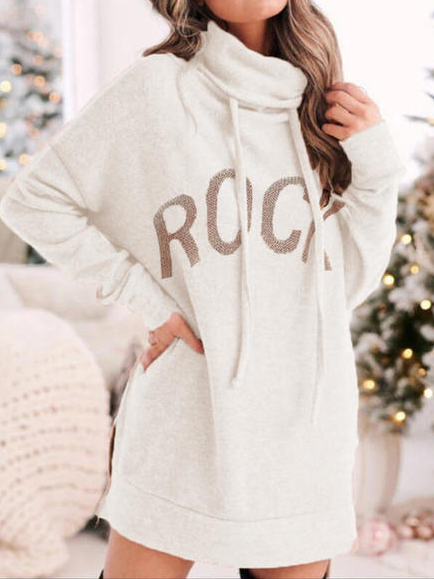 Simple High Neck Letter Loosen Dresses, White, Casual Dresses