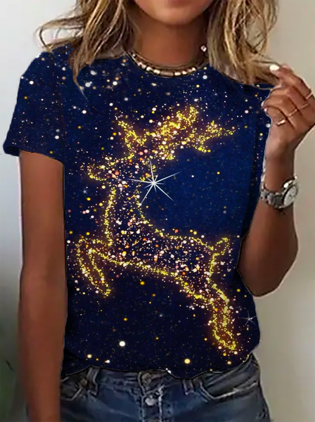 

Christmas Elk Print Crew Neck Short Sleeve T-shirt, Deep blue, T-Shirts