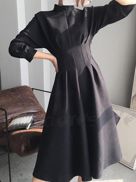 

Vintage Plain Regular Fit Midi Dress, Black, Midi Skirts