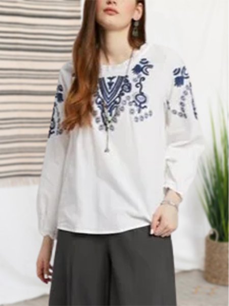 

Plain Tribal Casual Shirts & Tops, White, Long sleeve tops