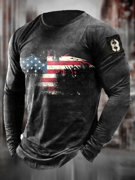 

Men's Retro American Flag Pattern Casual Tee, Gray, T-shirt