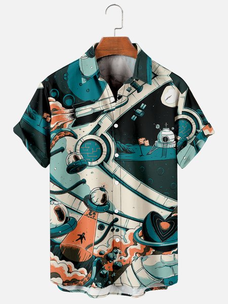 

Sci-Fi Spaceship Hawaiian Short Sleeve Shirt, As picture, Men's Floral shirt