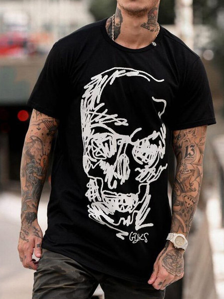 

Men's Loose Round Neck Short Sleeve Skull Graphic Print Tee, Black, T-shirt