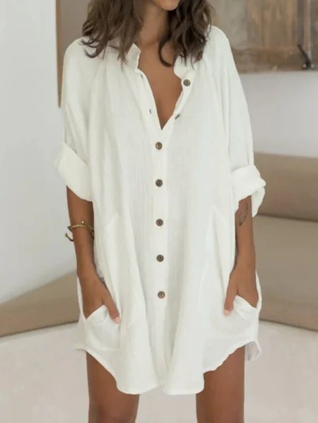 

Women Shirt Dress Long Sleeve Plain Button Shirt Collar Basic Daily Casual Loose White Linen Dress Mini Dress, Mini Dresses