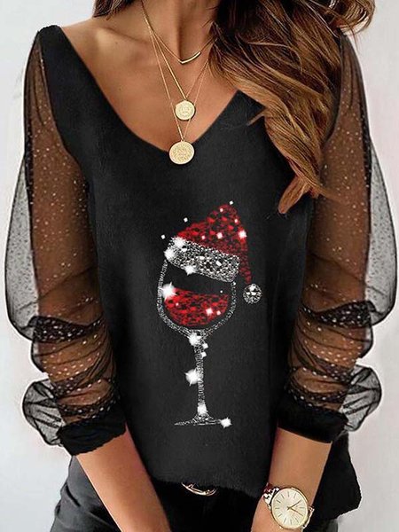 

V Neck Casual Printed Plus Size T-shirt, Black, T-Shirts