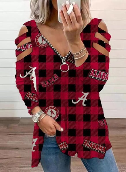 

V Neck Cotton Blends Shirts & Tops, Red, Long sleeve tops