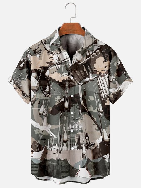 Sci-Fi Rocket Hawaiian Short Sleeve Shirt, As picture, Men's Floral shirt