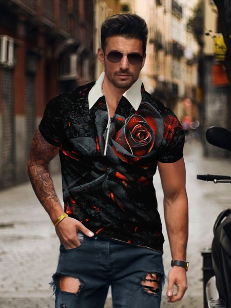 

Men's Rose Flower Pattern Casual Polo Shirt, Black, polo