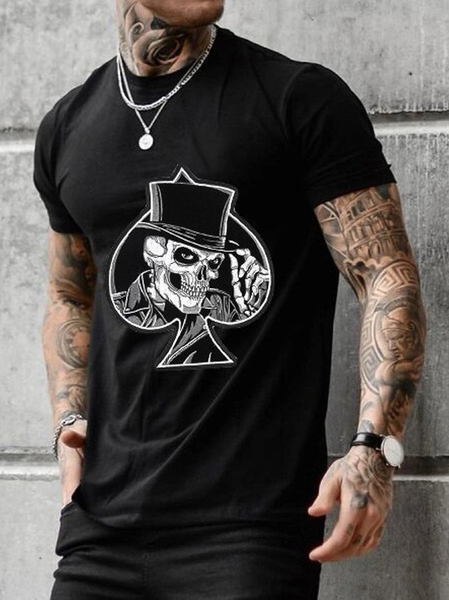 

Men's Loose Round Neck Short Sleeve Skull Graphic Print Tee, Black, T-shirt