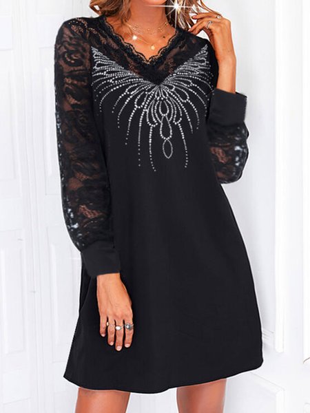 

Hot Drilling Lace Abstract Loosen V Neck Casual Mini Dresses, Black, Mini Dresses