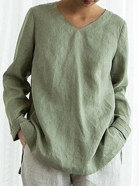 

Plain Casual Regular Fit V Neck Shirts & Tops, Green, Tops