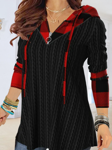 

Long sleeve V-neck zipper stitched Red Plaid elastic top T-shirt women, Black, Sweatshirts & Hoodies