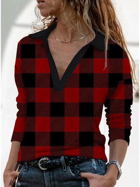 

Plaid Loosen Checked/Plaid Casual Tops, Red, Long sleeves