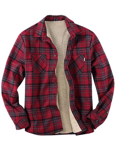 

Mens Warm Sherpa Lined Fleece Plaid Button Up Shirt Jacket, Red, Jacket