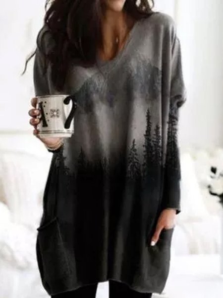 

Loosen V Neck Casual Long Sleeve Tops, Light gray, Long sleeve tops