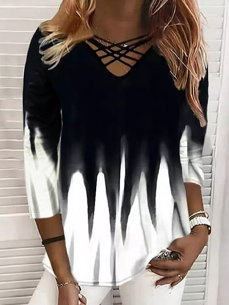 

Color Block V-Neckline Long Sleeve T-shirts, Black, Long sleeve tops