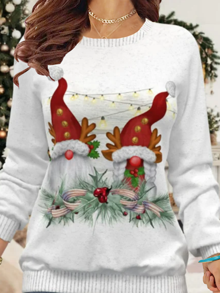

New long sleeve round neck elastic knitted top sweater women's Christmas Snowman print, White, Hoodies & Sweatshirts