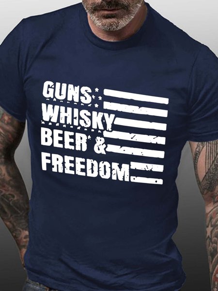 

Guns Whisky Beer Freedom Crew Neck Casual Cotton Blends Shirts & Tops, Deep blue, T-shirts
