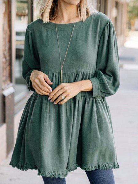 

Round Neck Loosen Plain Shirts & Tops, Green, Tops