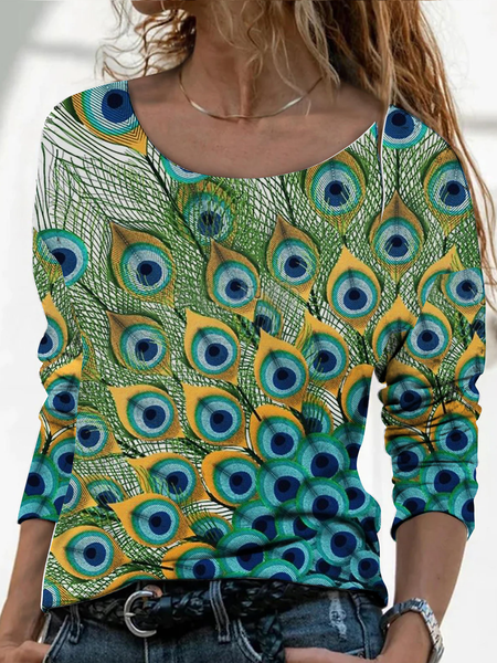

Long sleeve asymmetric collar gradient gorgeous peacock feather print top T-shirt women Plus Size, Green, Long sleeve tops