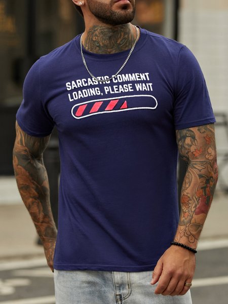 

Fun text print round neck short-sleeved T-shirt, Purplish blue, T-shirts