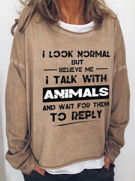 

Funny text print round neck long-sleeved Sweatshirts, Light brown, Hoodies&Sweatshirts