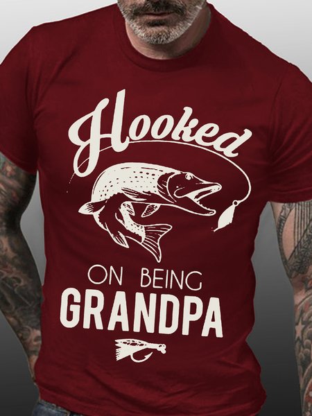 

Hooked On Being Grandpa Casual Crew Neck Shirts, Red, T-shirts