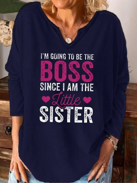

Funny text print notched neck long sleeve shirt, Purplish blue, Hoodies&Sweatshirts