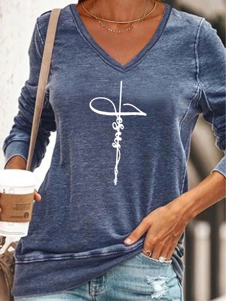 

Jesus Letters Printed V-neck Long Sleeve Sweatshirts, Blue, Hoodies&Sweatshirts