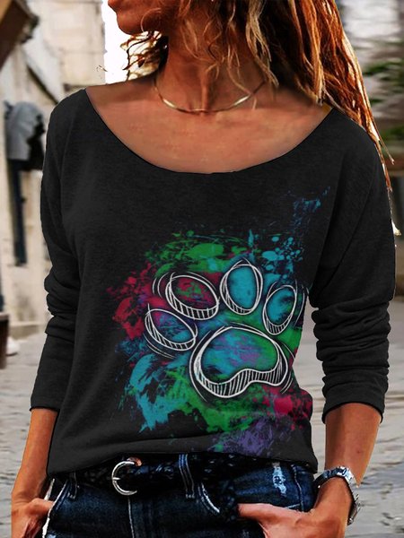 

Dog paw print round neck long sleeve shirt, As picture, Hoodies&Sweatshirts