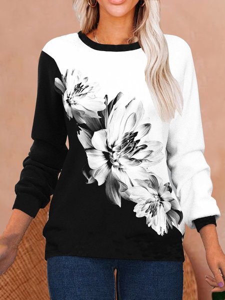 

Floral Cotton Blends Shirts & Tops, Black-white, Long sleeve tops