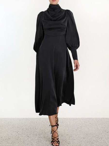 

Solid Satin Elegant Long Sleeve Dress, Black, Midi Skirts