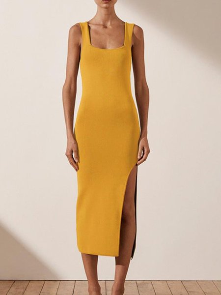 

Daily Square Neck Elegant Cotton Knitting Dress, Yellow, Midi Dresses