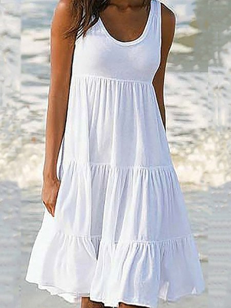 

Crew Neck Casual Solid Mini Knitting Dress, White, Midi Dresses