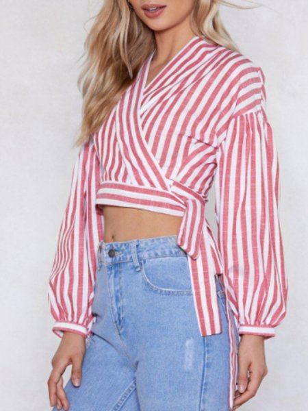 

Puff Sleeve Knot Front Casual Top, Pink-white, Tops