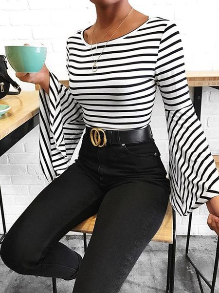 

Striped Crew Neck Regular Fit Casual Top, Black-white, Tops
