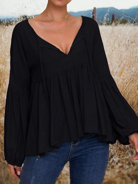 

Notched Neck Solid Long Sleeve Casual Tops, Black, Tops