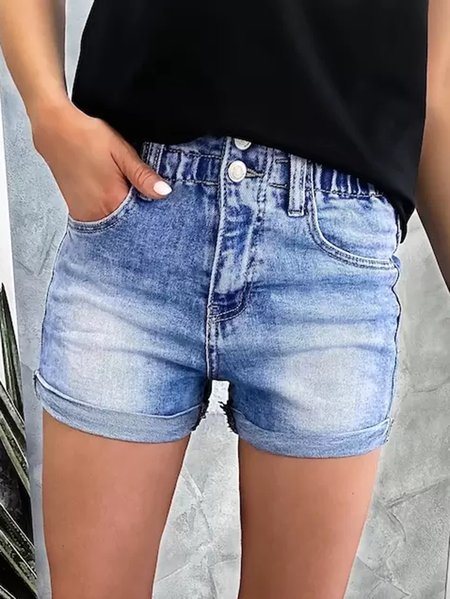 

Denim Casual Pockets Plain Pants, Blue, Shorts
